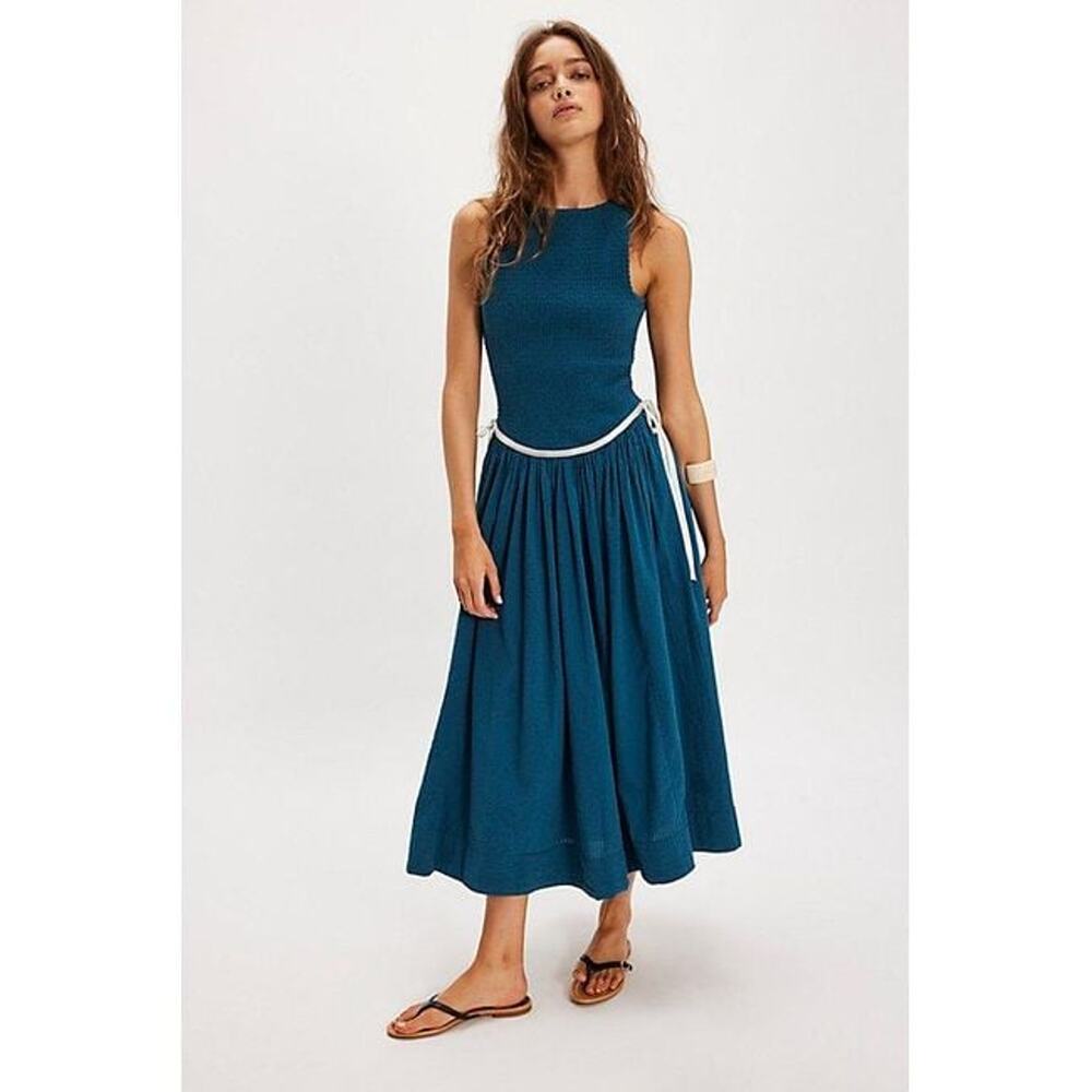 Free People Nightingale Seersucker Teal Blue Midi Dress with White Trim